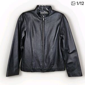 Leather Women’s Copper Key Black Zip Front Collar Front Pockets Sz L